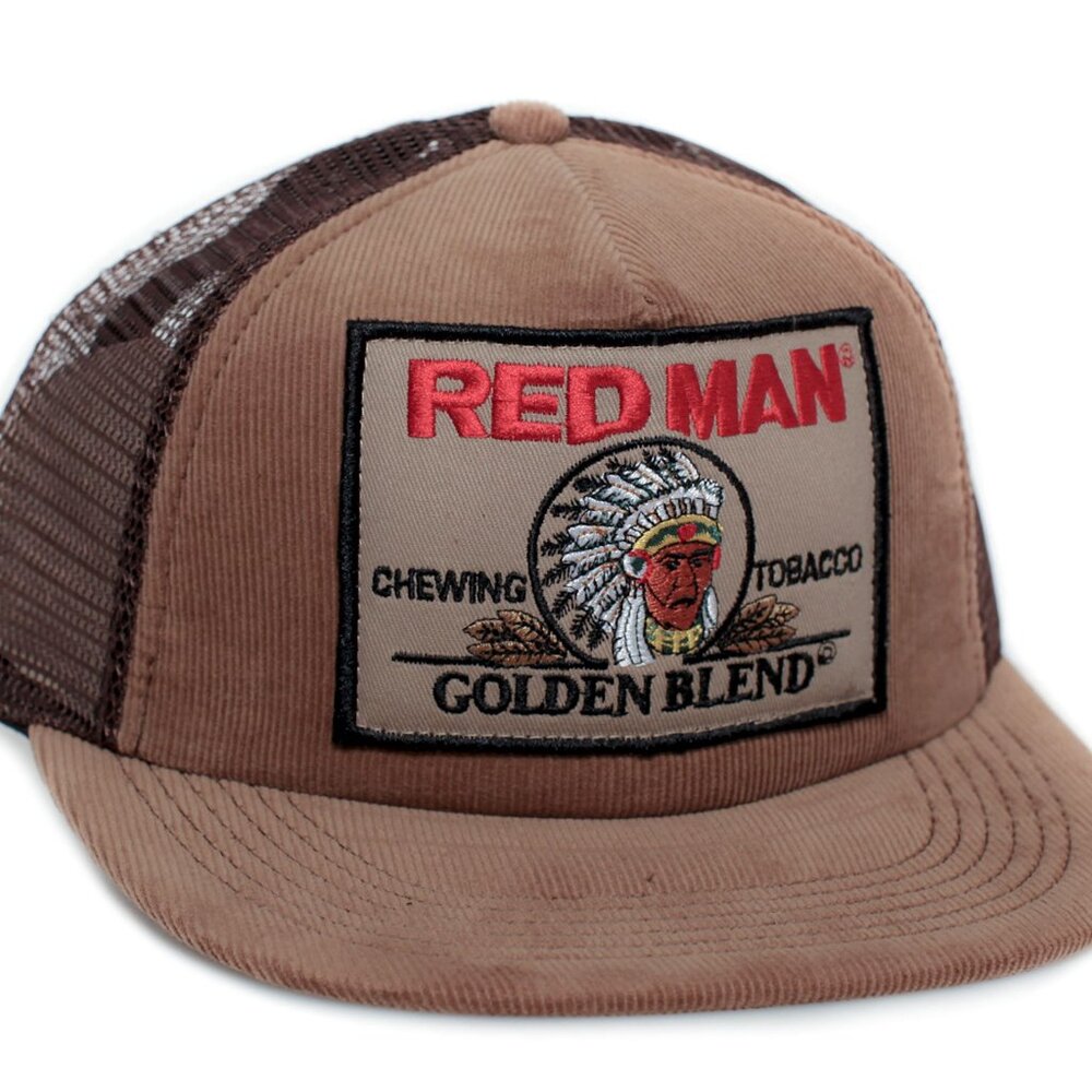 Red Man Chewing Tobacco PATCH Hat Vintage Logo Truckers Cap Adult Brown